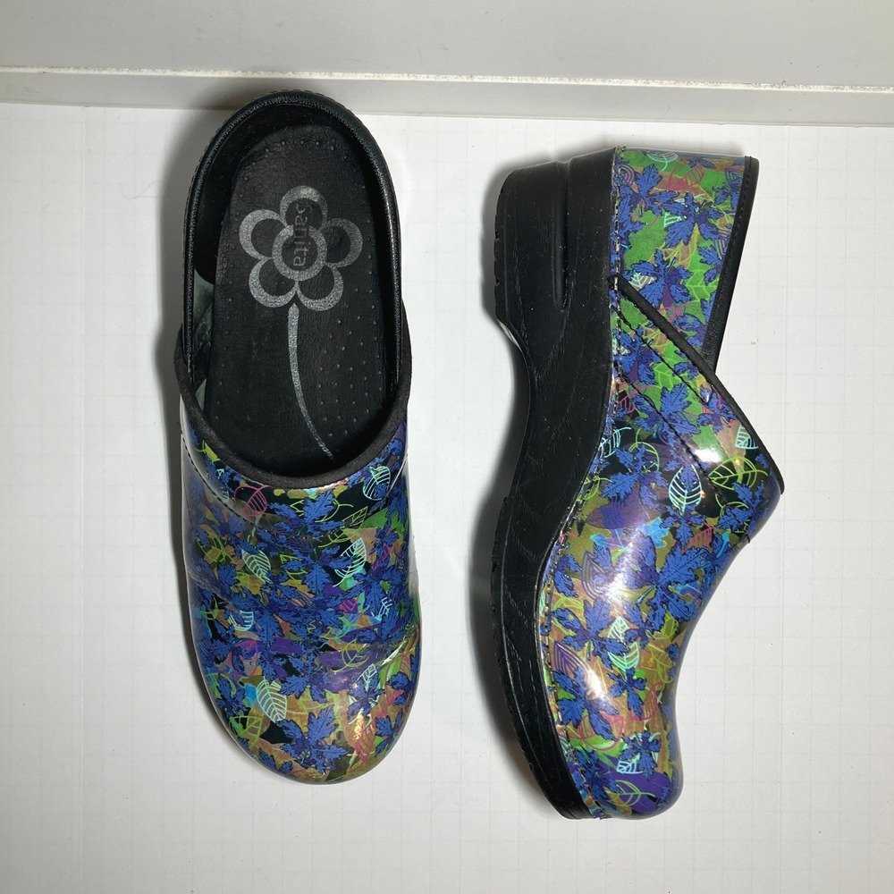 Sanita Danish Clog Shoes Size‎ 39 Professional Blue Leaf Pattern Work Slip on